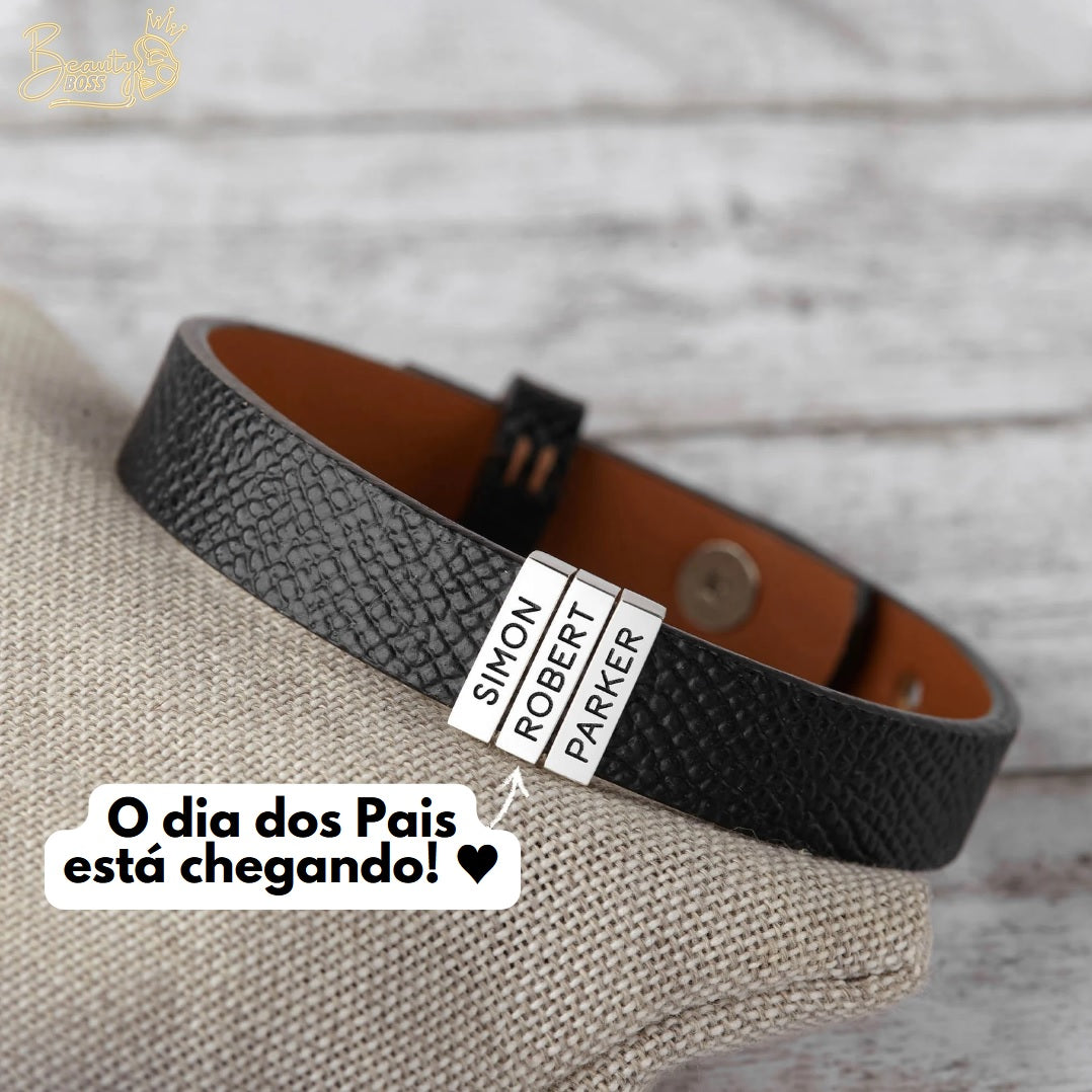 Pulseira Premium Personalizada | Meu Pai Minha Vida - Couro + Aço Inoxidável | Oferta Especial Dia Dos Pais 50% Off + Frete Grátis