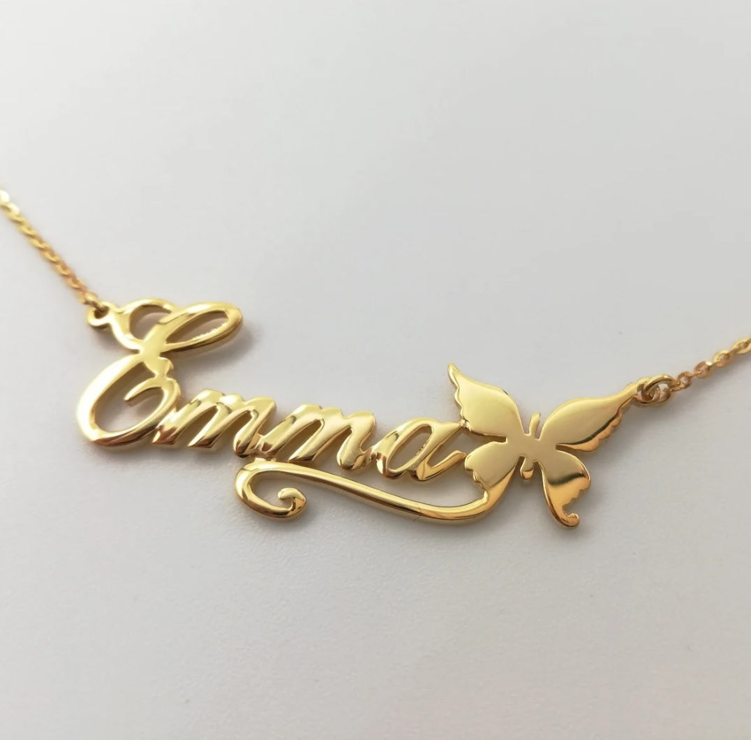 Colar Borboleta Personalizado - Com seu nome - Aço Inoxidável - Folheado a Ouro - Corte a Laser.