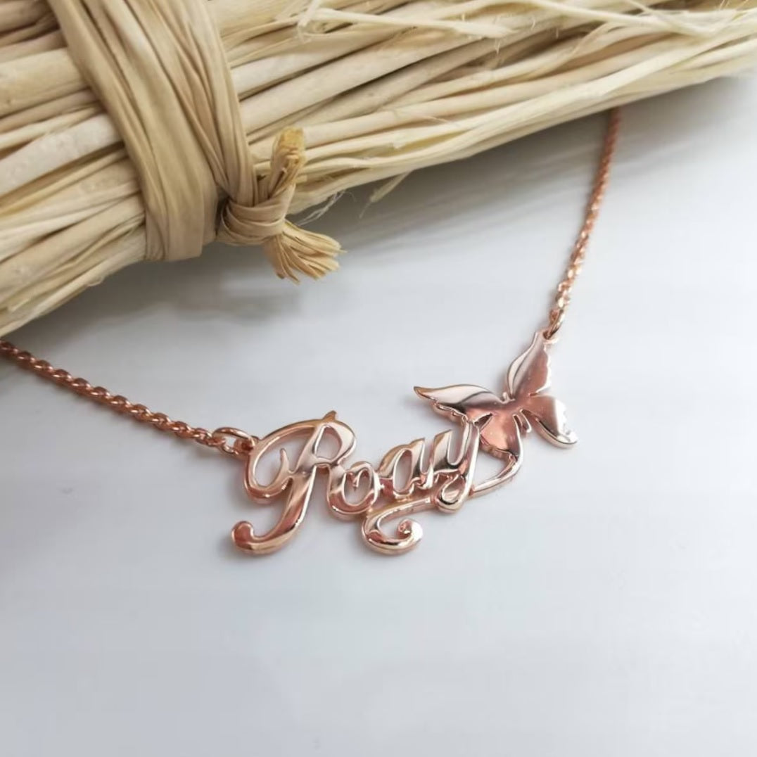 Colar Borboleta Personalizado - Com seu nome - Aço Inoxidável - Folheado a Ouro - Corte a Laser.
