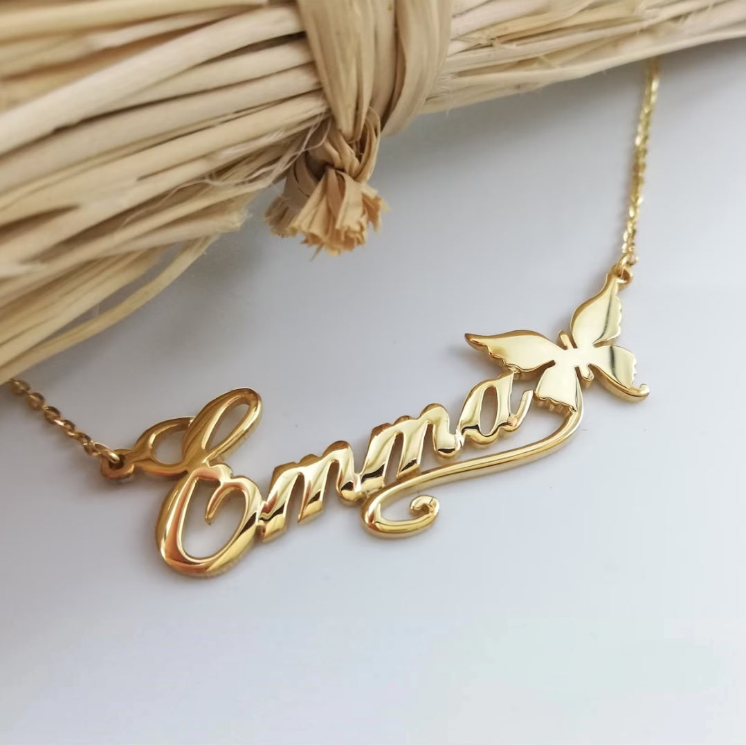 Colar Borboleta Personalizado - Com seu nome - Aço Inoxidável - Folheado a Ouro - Corte a Laser.